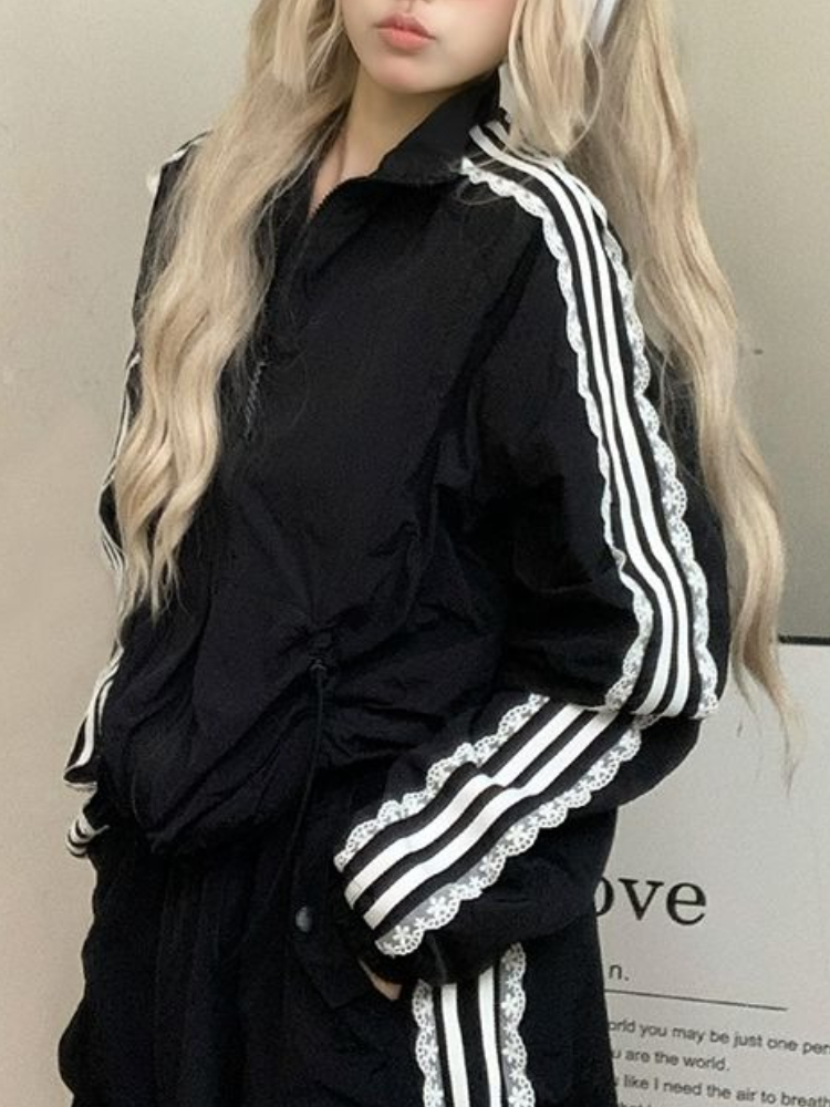 Mode dentelle Patchwork rayé Protection solaire femmes veste casual fermeture éclair conception manteau Harajuku femme Chic coréen populaire vêtements