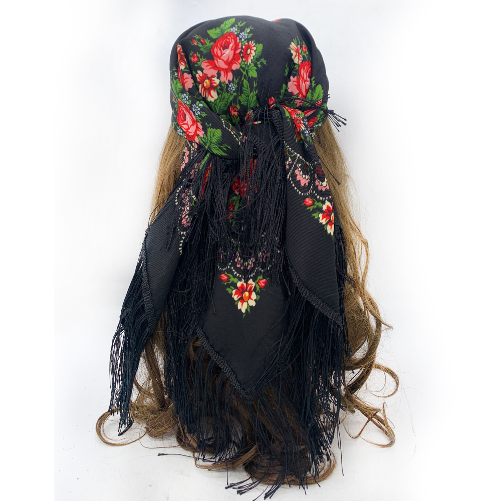 Foulard carré russe traditionnel pour femmes, imprimé Floral de luxe, Bandana à franges, châle, bandeau pour dames, enveloppes de tête Babushka