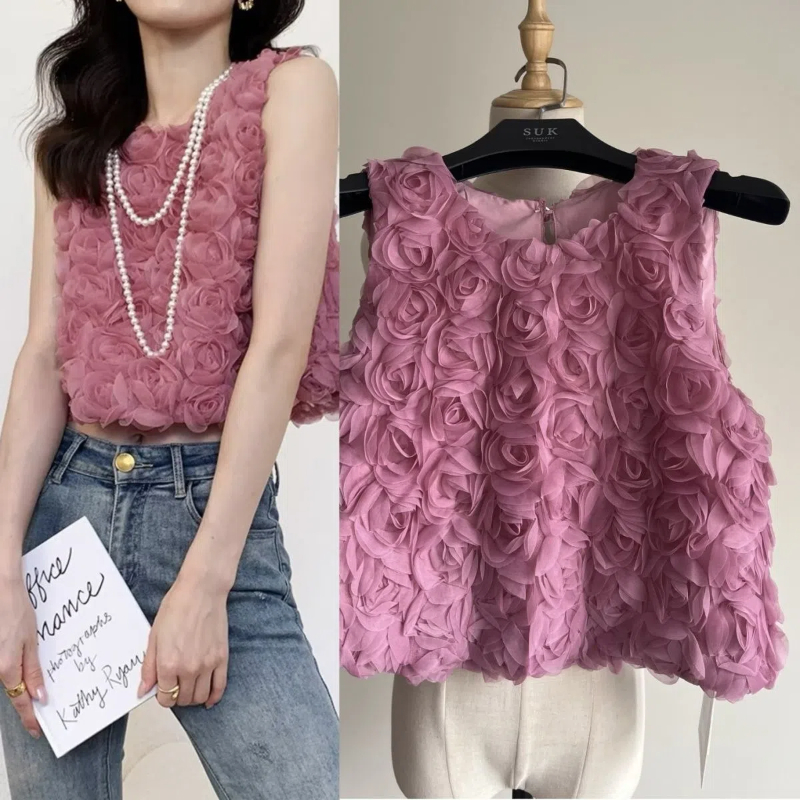 Tempérament sans manches tout-match gilet court été nouvelle couleur unie mignon col rond mode t-shirt hauts doux coréen femmes vêtements