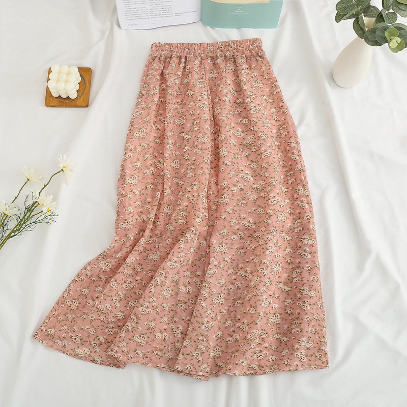 Longue jupe plissée en mousseline de soie pour femme, style bohème élégant, imprimé floral, ligne A, coréen, Harajuku, chic, simple, midi, été