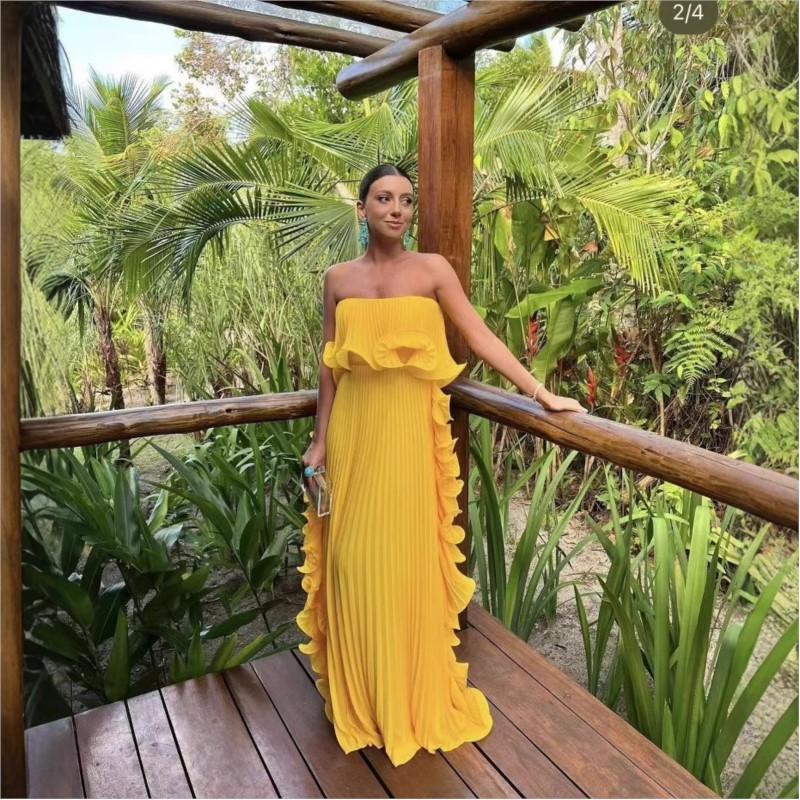 Robe de vacances d'été pour femmes, longue robe formelle en mousseline de soie plissée Orange, sur mesure, à volants, sans bretelles, robe de soirée sur la plage