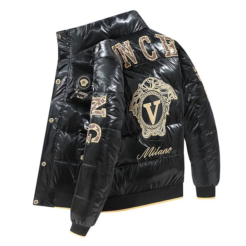 Nouveau manteau de mode brillant pour homme, style européen, brodé, col montant, rembourré en coton, épais et chaud