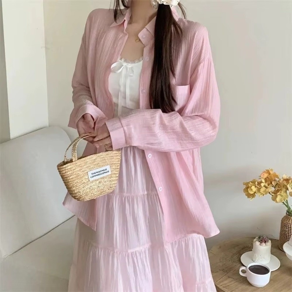 Chemise ample anti-UV à manches longues en soie glacée légère, chemisier en mousseline transparente résistant au soleil