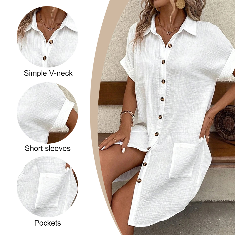 Robes amples en mousseline 100% coton pour femmes, manches courtes, boutons avec poches, décontractées, mode d'été, confortables, blanches