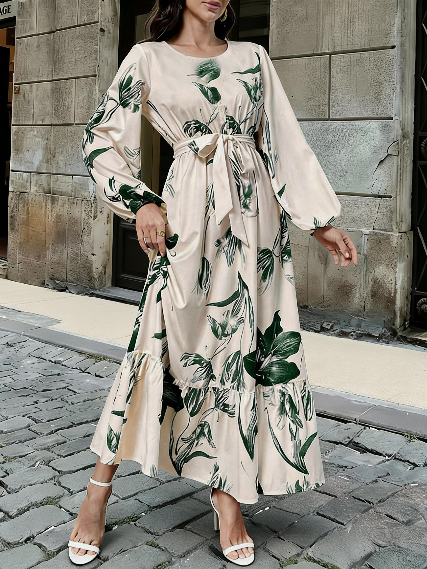 Nouvelle robe élégante de style occidental à imprimé floral, taille élastique, ourlet à volants