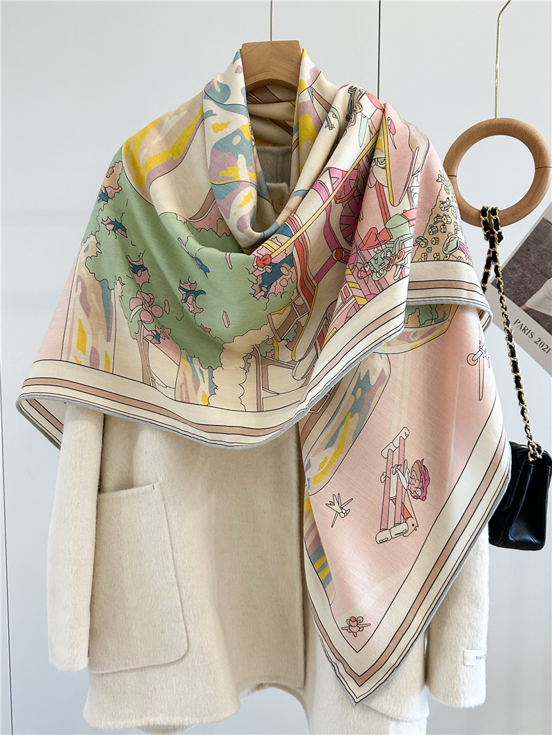 Design de luxe Double face imprimé soie laine femmes châle Bandana mode dame foulards pour l'hiver