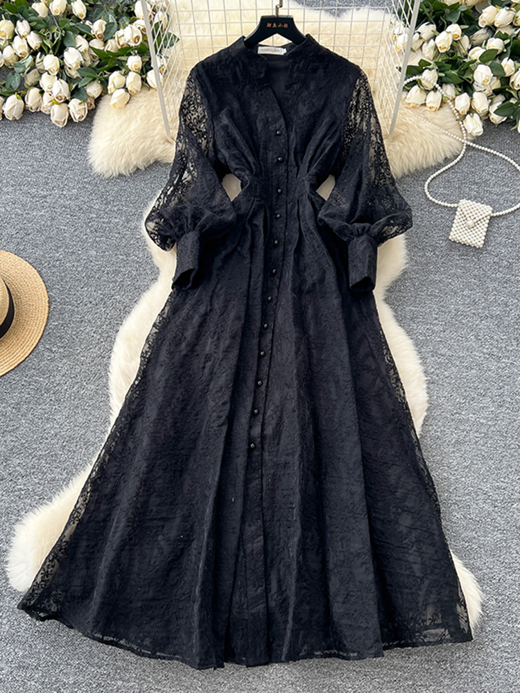 Nouvelle Robe Longue Élégante Française pour Femme, Col Montant, Boutonnage Simple, Taille Brodé, en Tulle, pour Fête d'Anniversaire S93