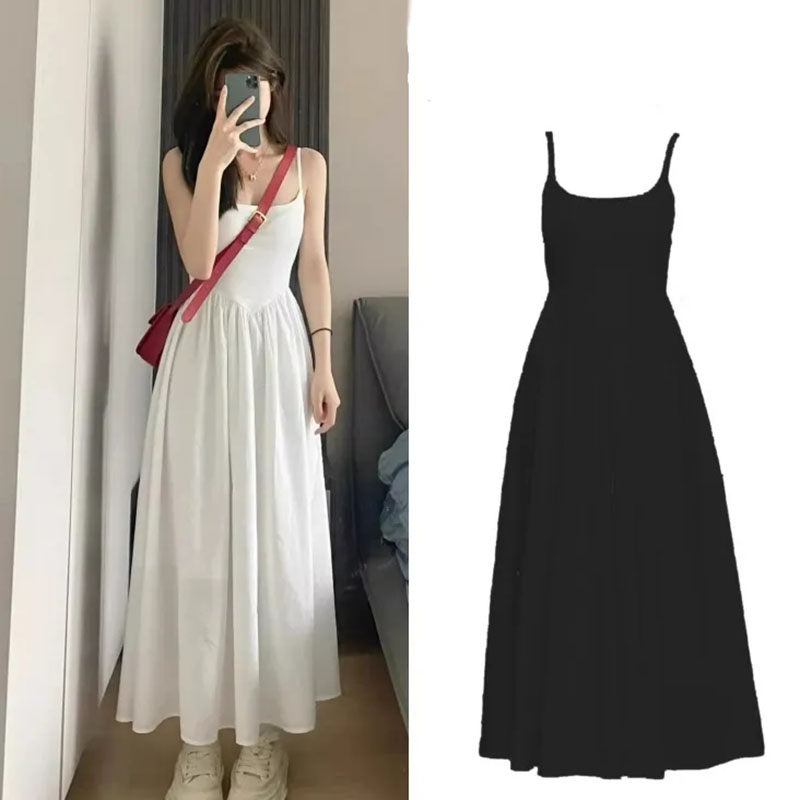 Mode taille haute robe à bretelles femme été décontracté Simple polyvalent longues robes femmes élégant Streetwear robe Camisole
