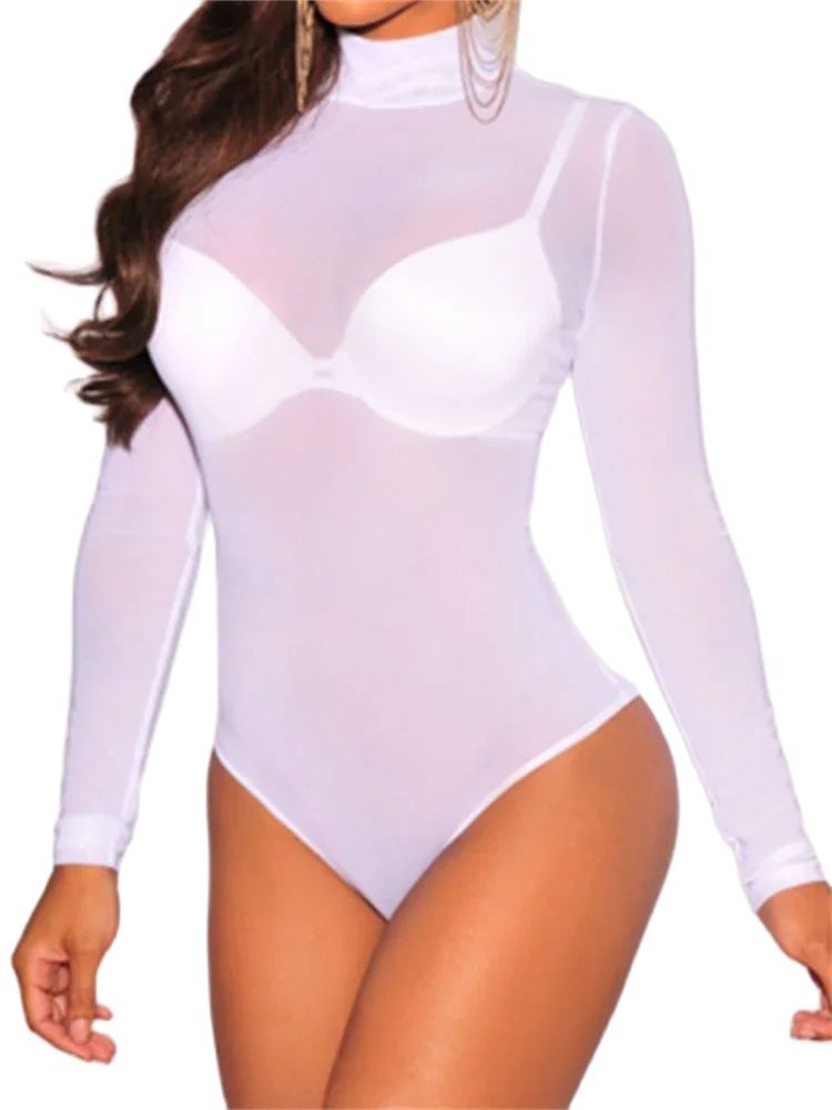 Body en maille pour femmes, manches longues, col montant, moulant, transparent, Vintage, Sexy, Clubwear, été, automne