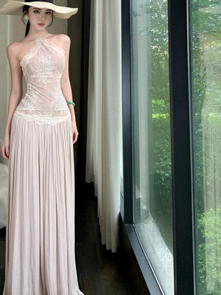 Robe longue en dentelle Patchwork Beige pour femmes françaises, Sexy, sans manches, épaules dénudées, col licou, élégante, vacances, soirée, été
