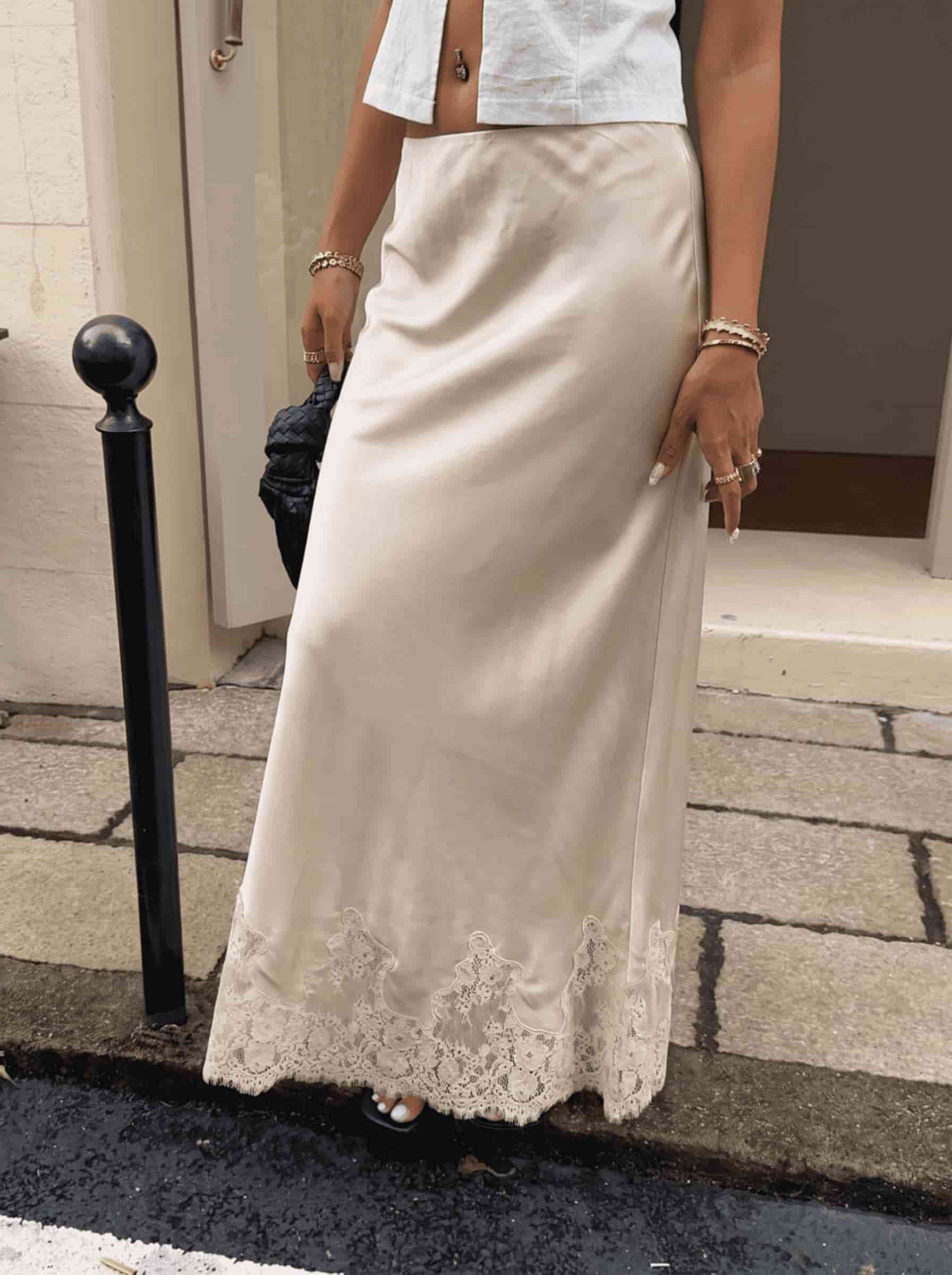 Jupe longue à taille haute pour femmes, avec ourlet en dentelle, coupe évasée, élégante, décontractée, idéale pour les vacances et le streetwear, bas fluide pour dames.
