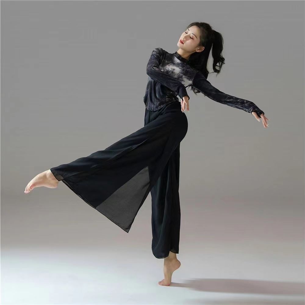 Nouvelle danse moderne danse classique noir cravate-teinture haut Performance pratique Costume Yoga fluide en mousseline de soie pantalon à jambes larges
