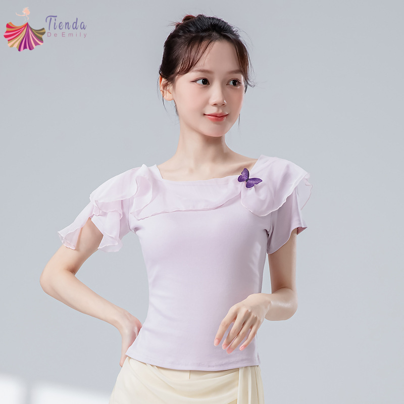 Tenues de danse pour femmes, chemise à manches courtes en maille de gaze épissée, chemisier d'entraînement de Ballet élégant, Costumes de pratique sur scène de rime corporelle