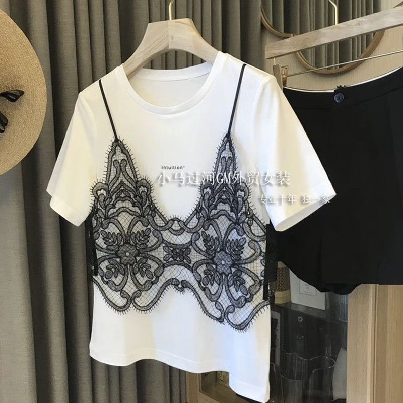 Économie décontractés en dentelle patchwotk pour femmes, vêtements coréens, t-shirts chics, faux deux t-shirts d'été, mode douce, Y2K