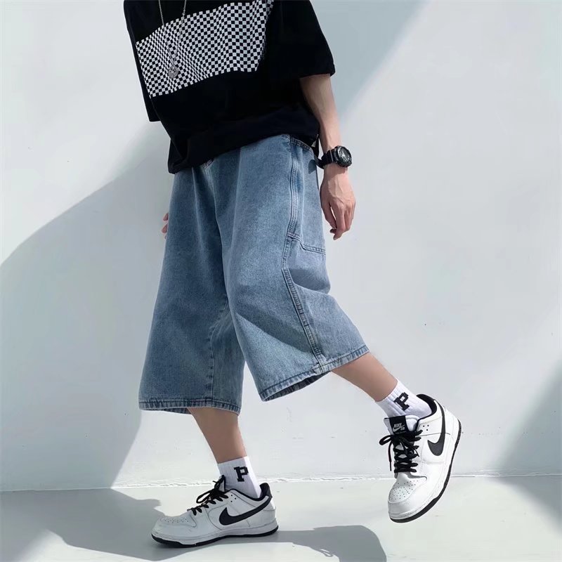 Pantalons en jean pour hommes, shorts d'été, jeans à grandes poches, pantalons capri, streetwear hip-hop, shorts en jean amples, pantalons capri décontractés à jambes larges.
