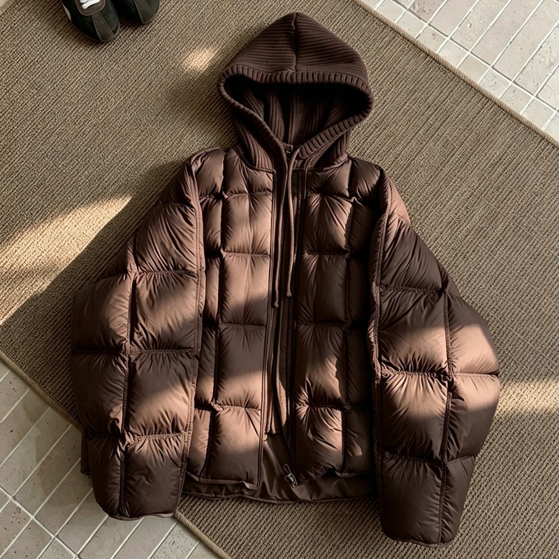 Parka pour femmes, veste matelassée en coton à capuche tricotée, effet deux pièces, coupe ample, chaude et épaisse, manteau d'extérieur pour femme.