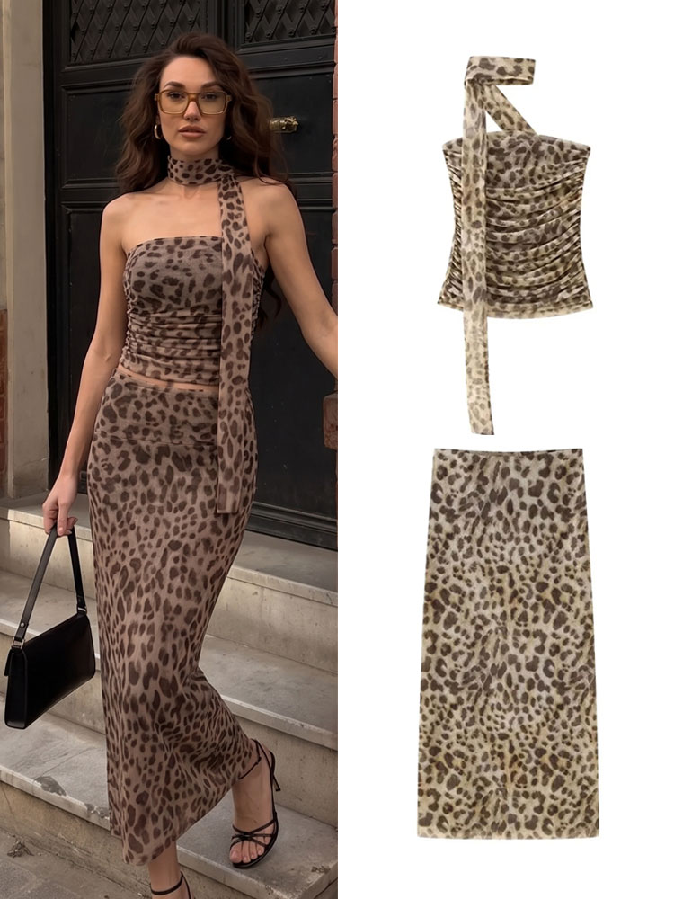 Ensemble jupe midi imprimée léopard HH pour femmes, nouvelle mode, corsets, haut, costume pour femmes, ensemble 2 pièces, tenue pour femmes, streetwear