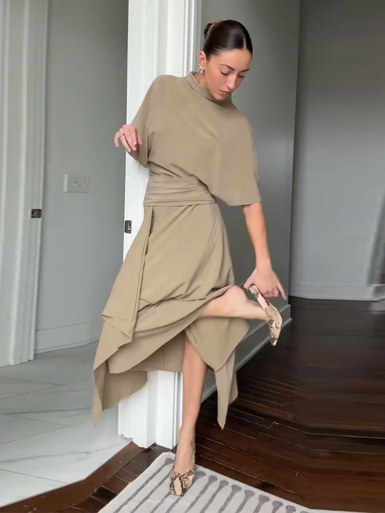 Ensemble élégant chemise asymétrique et jupe pour femme – Chemises unies à manches courtes et col rond, jupes longues taille haute – Tendance automne, costume d'été