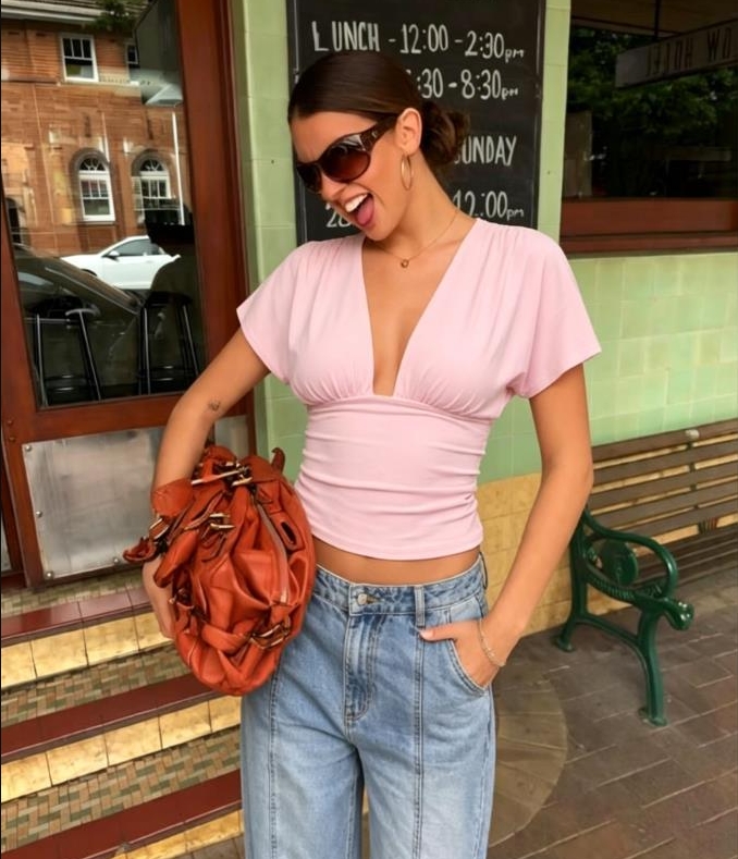 T-shirts d'été pour femmes, col en V profond, manches courtes, couleur unie, coupe ajustée, froncé, décontracté, streetwear