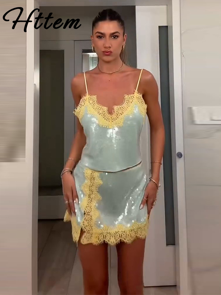 Ensemble 2 Pièces Chic d'Été 2026 pour Femme : Gilet Sexy à Paillettes et Patchwork, Haut Sans Manches et Jupe Fendue – Idéal pour les Vacances