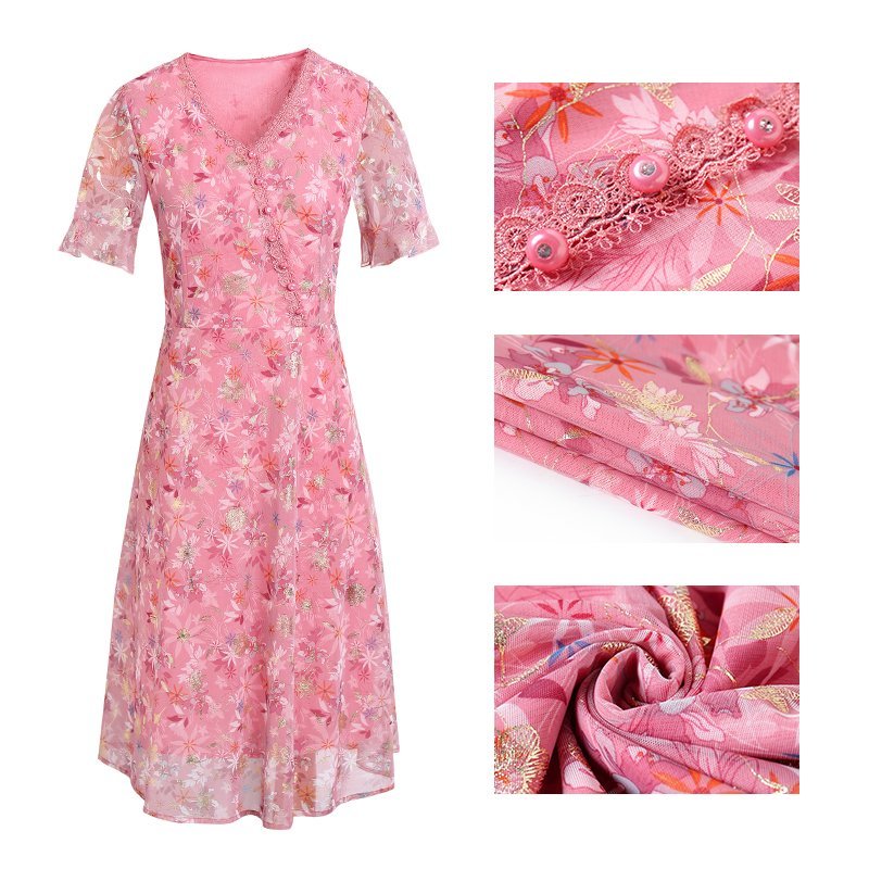 Robe imprimée plissée à manches courtes pour femmes d'âge moyen, robe vintage décontractée pour dames, col en V, robe éducative, été
