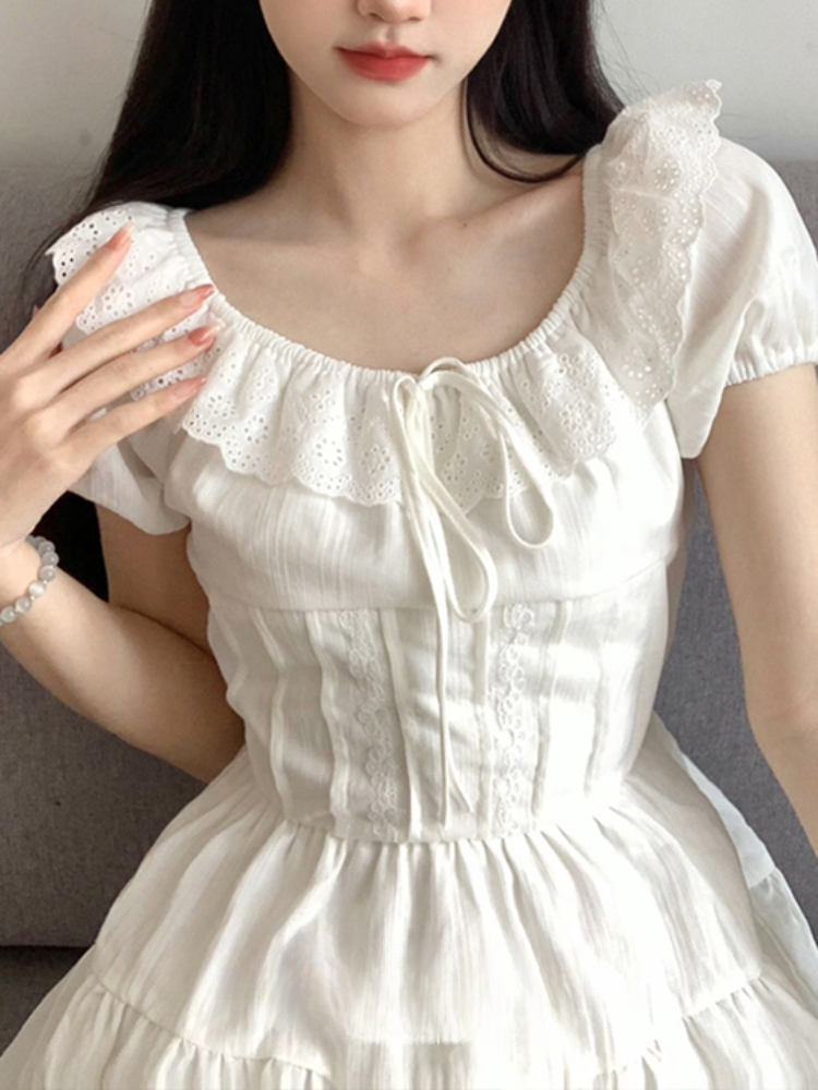 Dentelle Patchwork robes femmes doux Preppy à lacets une ligne Mini robe coréenne décontracté volants mince à manches courtes robes Chic