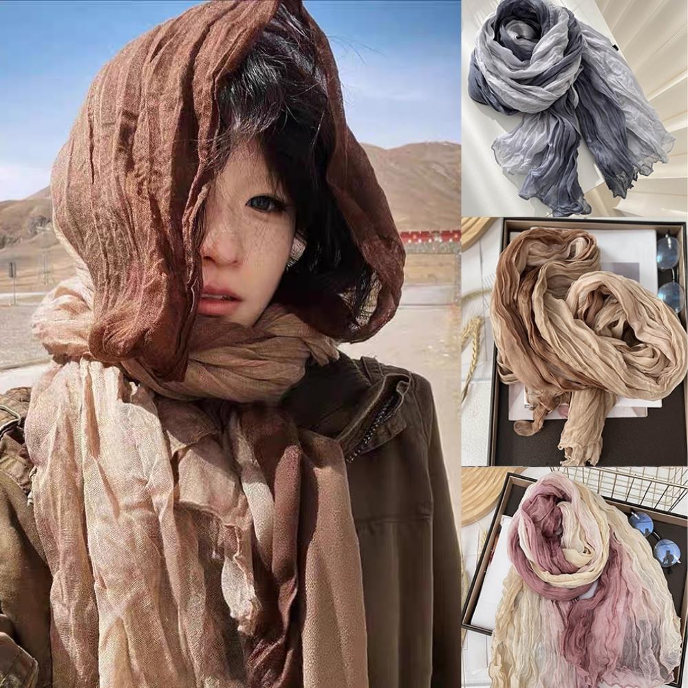 Hijab écharpe pli châle bricolage longues plis changement progressif couleur châle rétro Style ethnique coton et lin foulards femmes longue écharpe