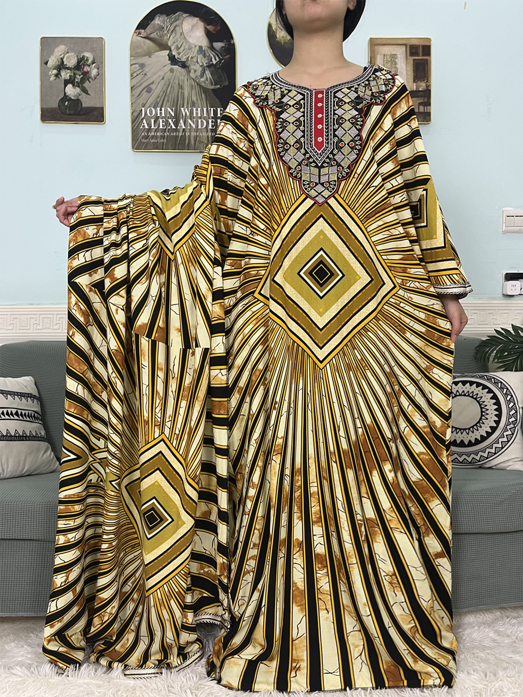Abayas Musulmanes pour Femmes, Ensembles de Vêtements de Prière Imprimés en Coton, Robe Africaine avec Grande Écharpe 150x165cm