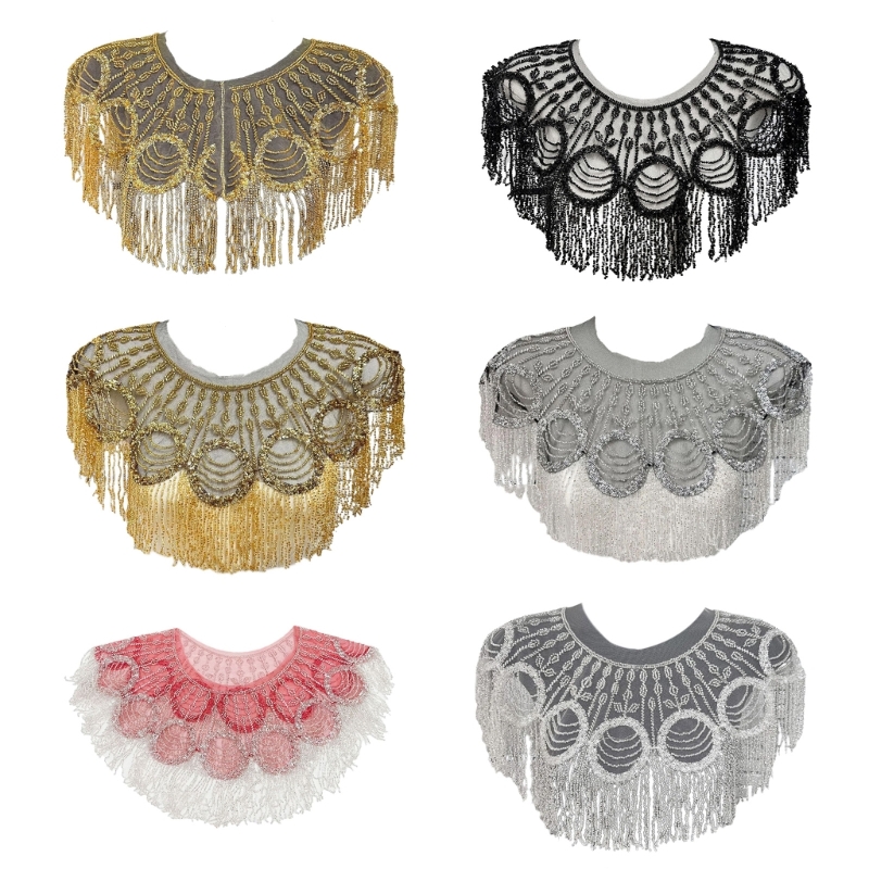 Femmes des années 1920 perles glands broderie châle enveloppement frangé soirée Capes mariage mariée couvrir écharpe