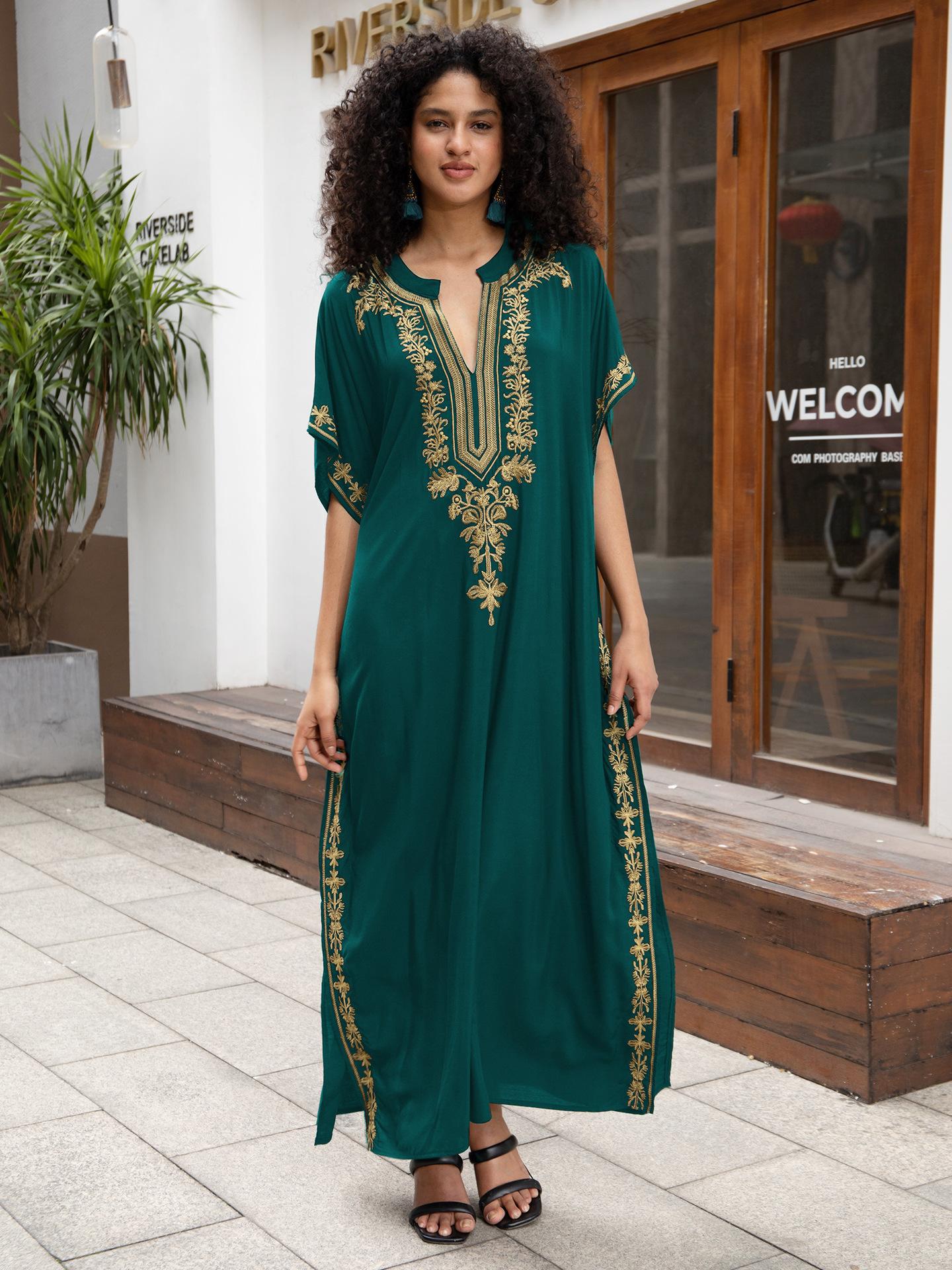 Robes caftan pour femmes brodées à manches courtes col en v grande taille Caftan Bikini maillot de bain robe de plage longue