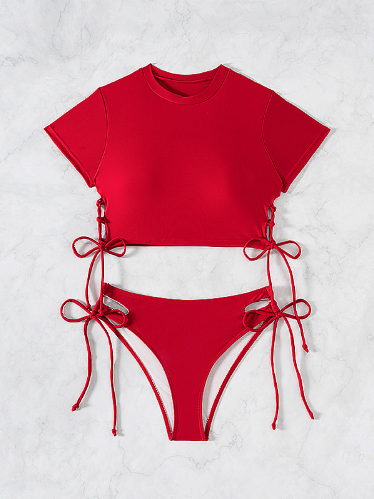 Nouveau Maillot de Bain Deux Pièces 2026 pour Femme – Ensemble Bikini Sexy Couleur Unie à Manches Courtes avec Cordon de Serrage – Idéal pour les Vacances à la Plage