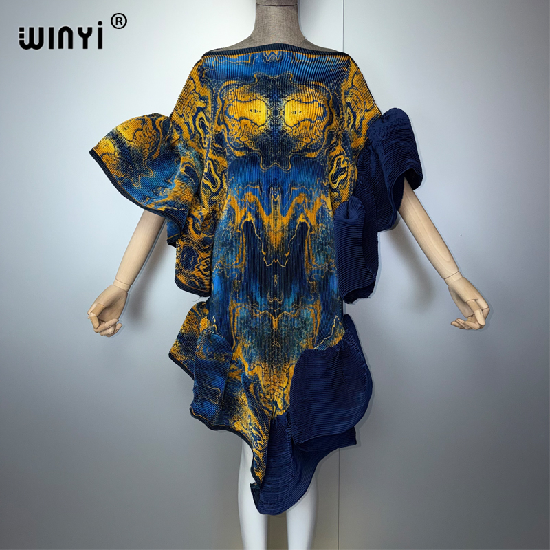 Robe Kaftan Maxi WINYI Style Dubaï Plissée Abaya Manches Bouffantes Élastiques Cache-maillot de Plage Robe de Soirée de Luxe pour Vacances et Fêtes