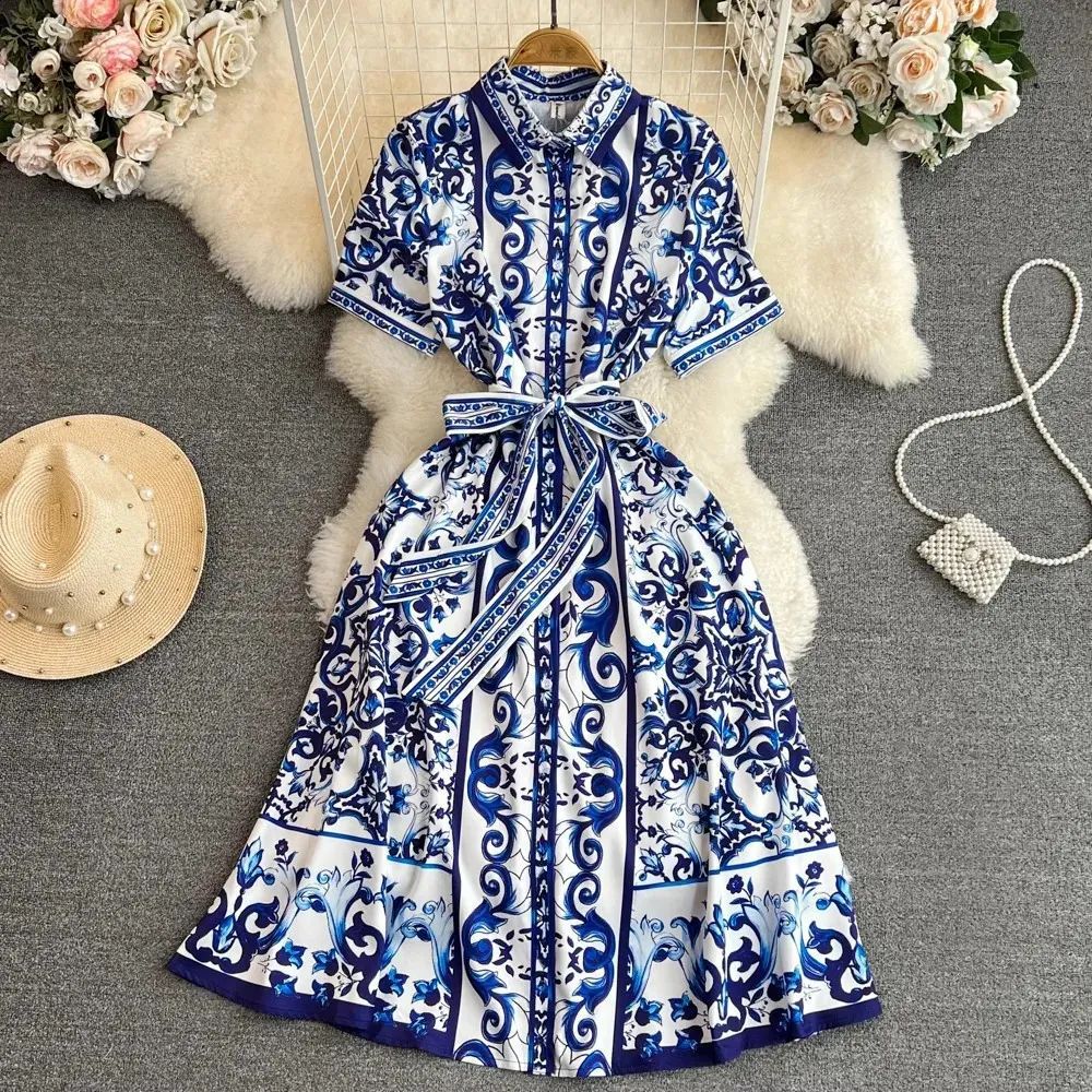 Robe longue pour femme, coupe trapèze, style Y2K streetwear, élégante pour soirée, travail ou occasion spéciale, col rabattu, manches courtes, imprimée, taille haute