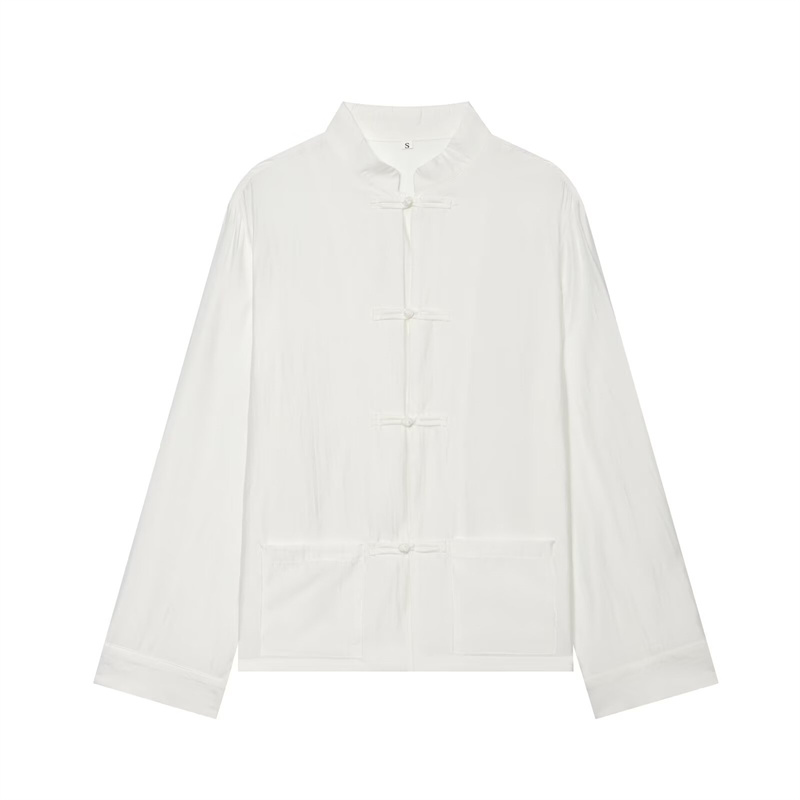 Chemise en satin pour femme 2026, col montant avec boutons grenouillère, manches longues, chemise décontractée avec poches
