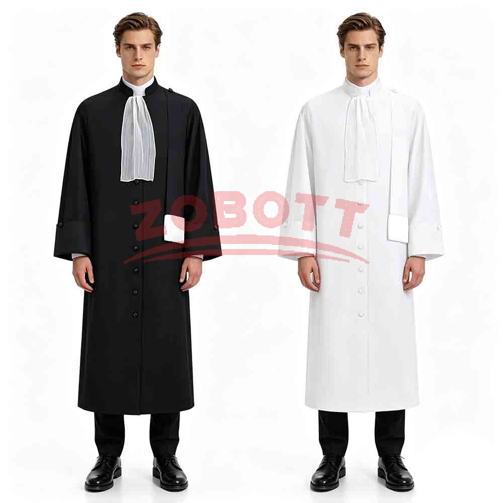 Costume de robe de magistrat médiévale avec col jabot plissé, robe de prêtre vintage, robe de chœur, tenue de cosplay d'Halloween en stock