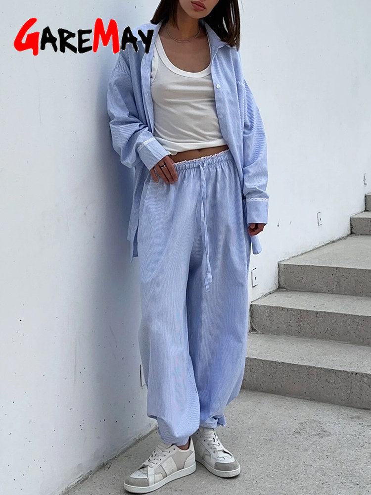 Costume d'été pour femmes avec pantalon et chemise en coton, costume classique deux pièces, chemise à manches longues pour femmes, costume rayé rose pour femmes