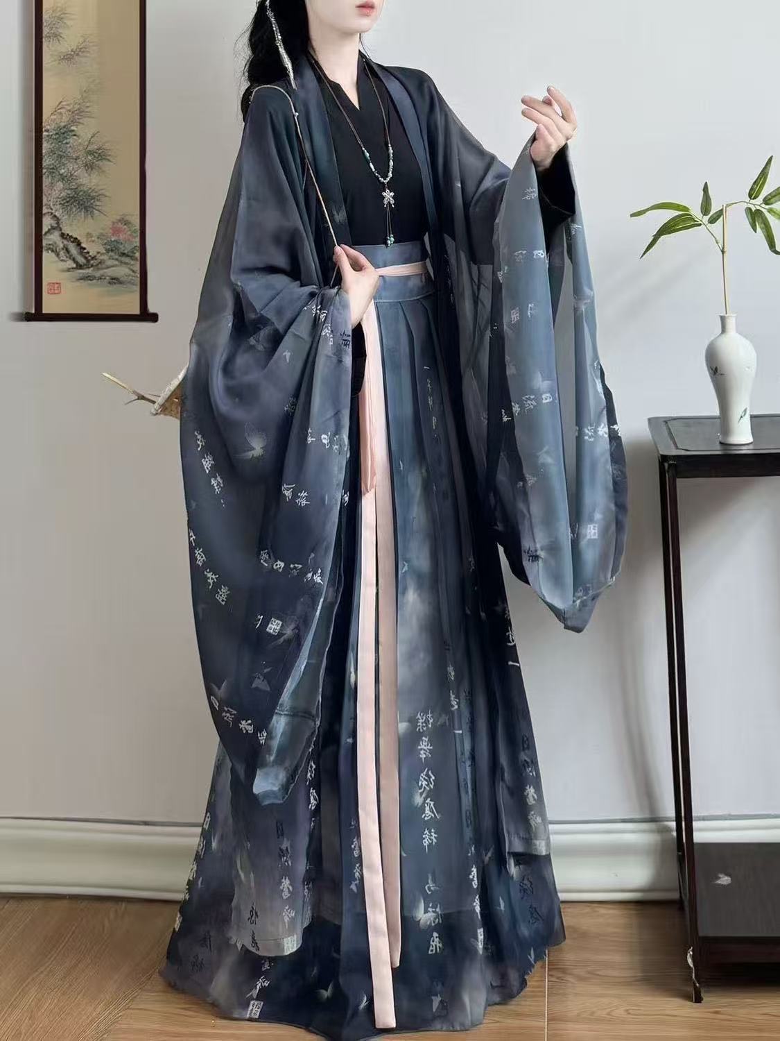 Robe Hanfu originale pour femmes, Costume traditionnel de la période Weijin, chemise confortable en mousseline de soie à manches longues, ensemble jupe, Costume de danse sur scène