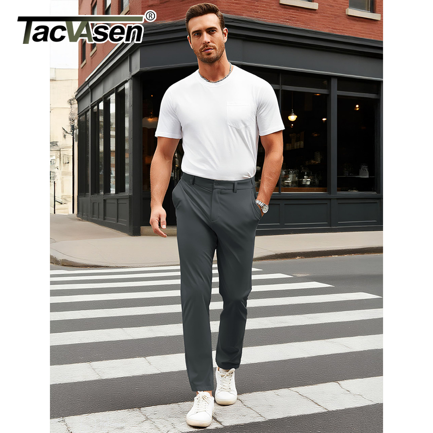 TACVASEN Pantalon décontracté pour homme, jambes droites, devant plat, imperméable, taille extensible, pour golf, pantalon de travail léger