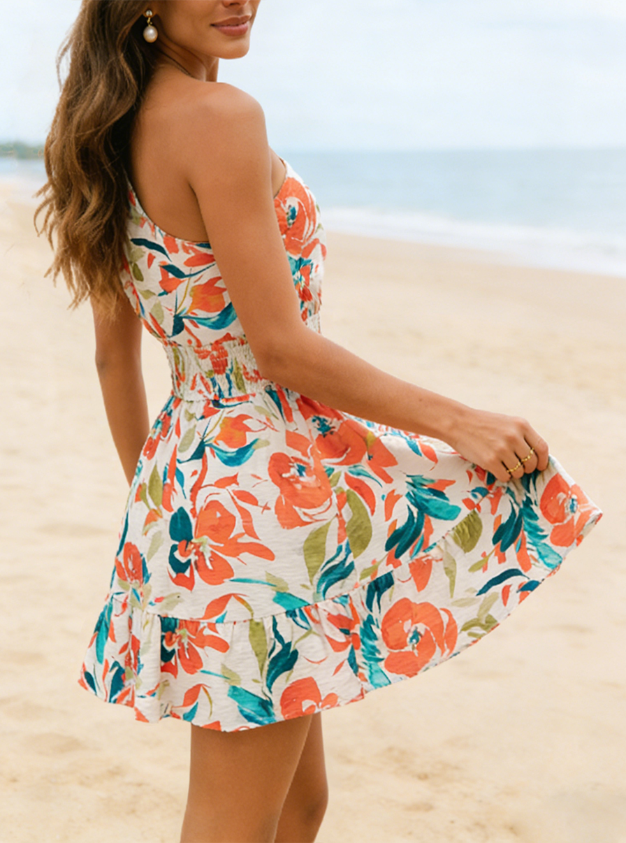 Robe élégante pour femme à une épaule avec imprimé floral. Parfait pour les rendez-vous, le shopping, les vacances, les sorties à la plage et les tenues décontractées quotidiennes.