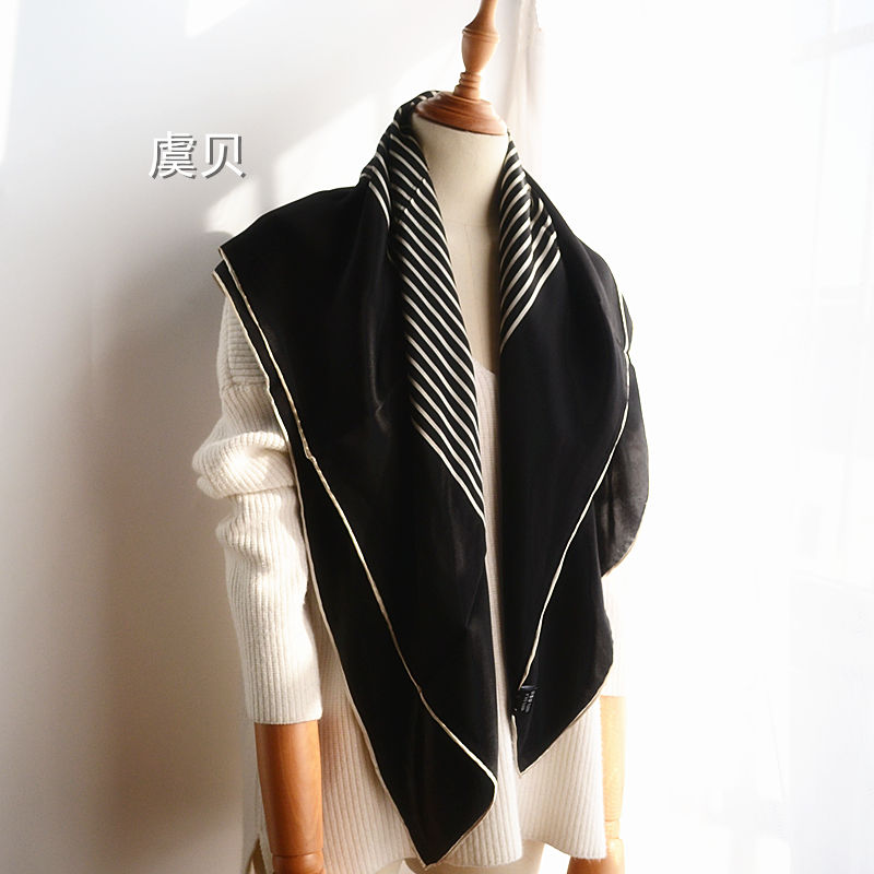 Écharpe en satin de soie naturelle de haute qualité pour femme, imprimé rayé noir et blanc, châle, foulard, bandana carré grande taille, cadeau pour femme