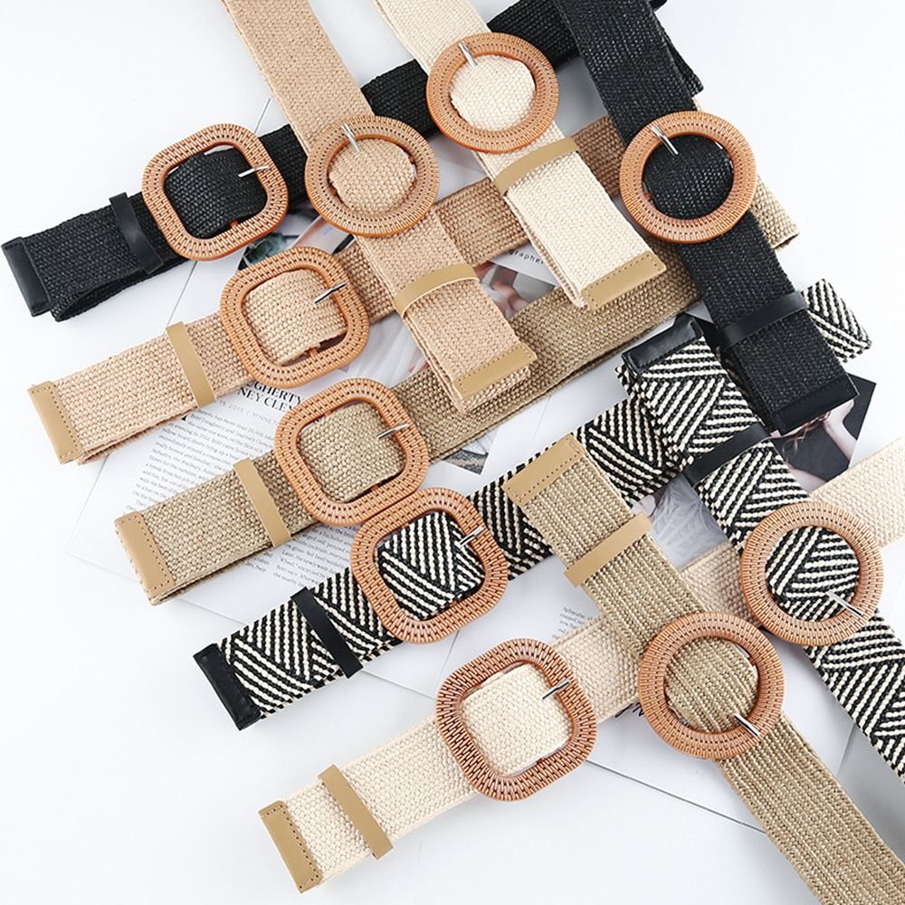 Mode femmes ceinture de paille décontracté bohème large ceinture été tressé ceinture boucle élastique femme paille taille ceinture