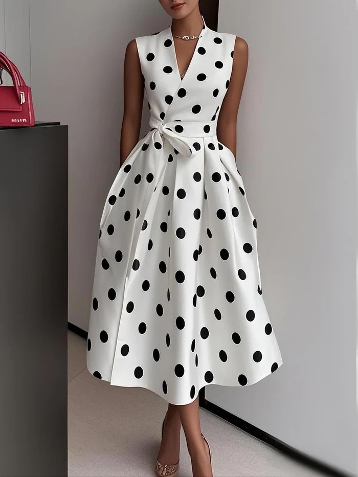 Robe sans manches à pois pour femme, col en V, corsage croisé, ceinture à nouer, robe plissée, poches latérales, tenue élégante pour les fêtes et le bureau