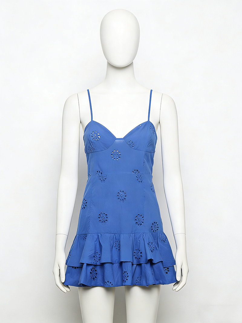 Robe mini vintage pour femme, mode féminine, avec broderie ajourée à volants, dos nu, fines bretelles élastiques, Vestidos