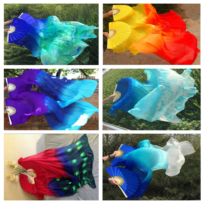 1 paire (1L + 1R) femmes 100% vraie soie danse orientale ventilateur voiles coloré dégradé scène danse soie Fans danse du ventre accessoires ventilateur