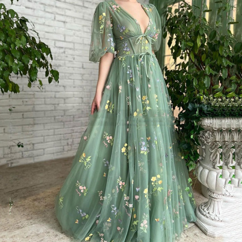 Robe longue pour femme, robe de bal, robe de mariée florale à manches bouffantes, style Y2K streetwear, taille haute, élégante pour soirée et fête