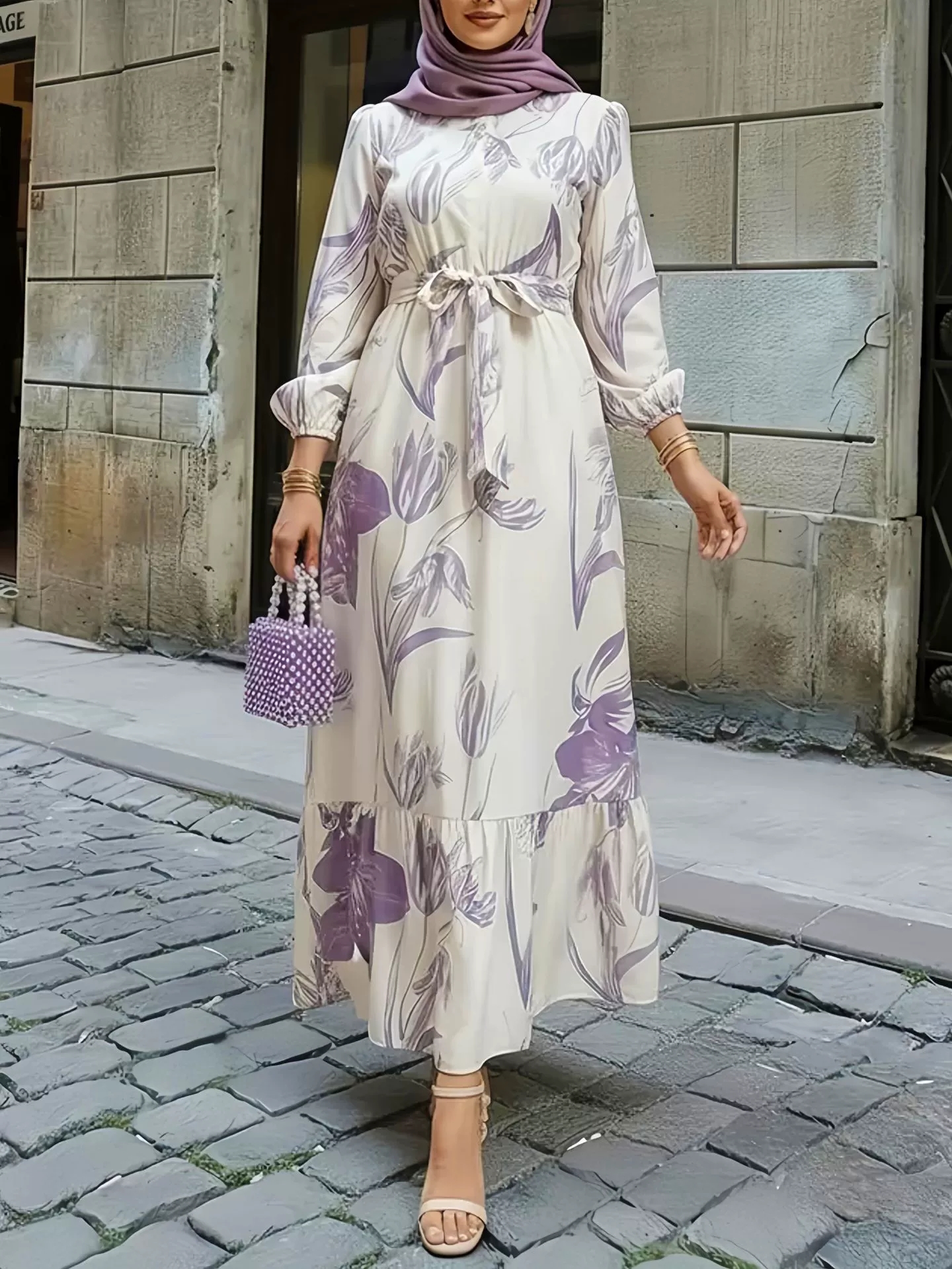Nouvelle robe élégante de style occidental à imprimé floral, taille élastique, ourlet à volants
