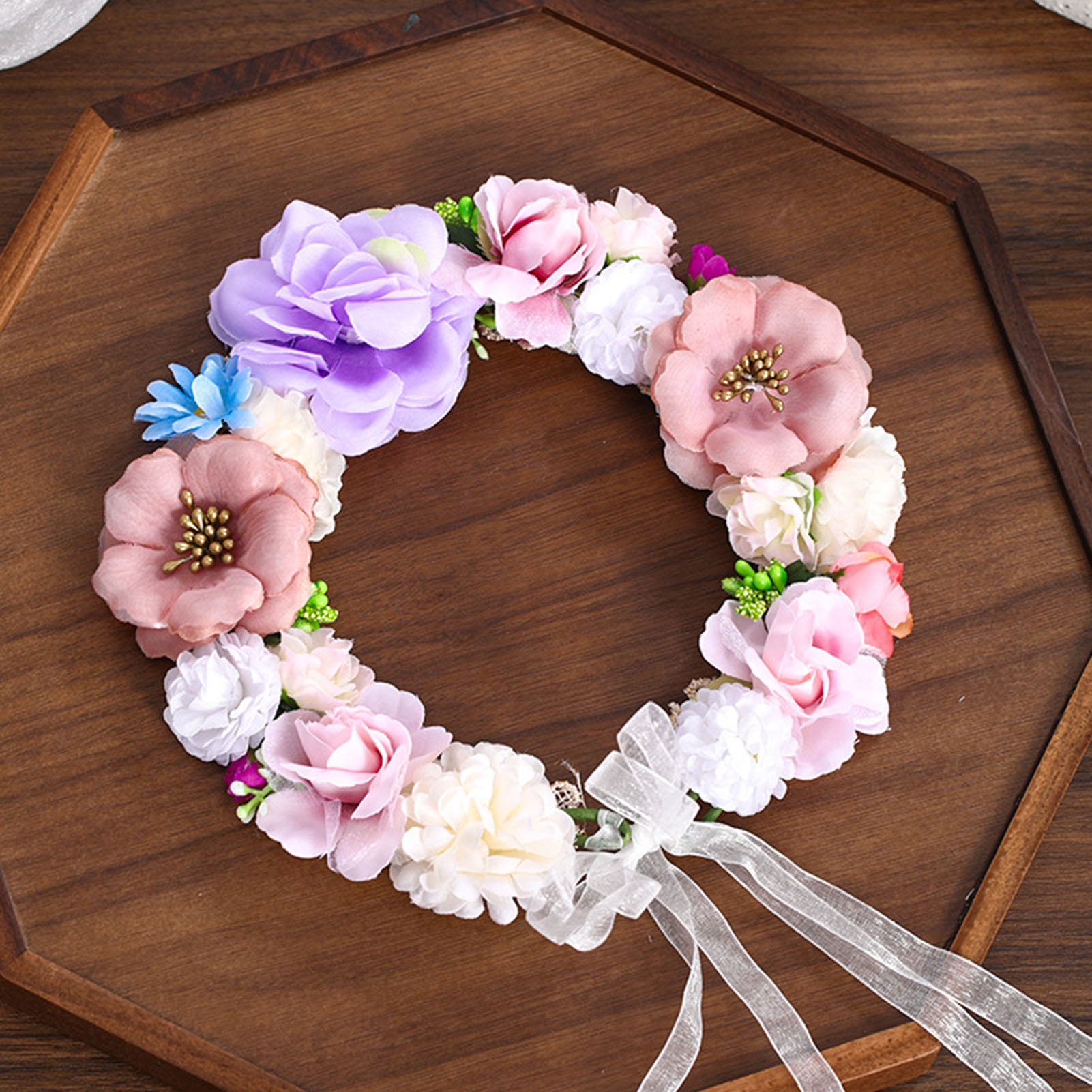 Serre-tête floral style bohème, couronne de fleurs artificielles réalistes pour mariée, accessoires de coiffure