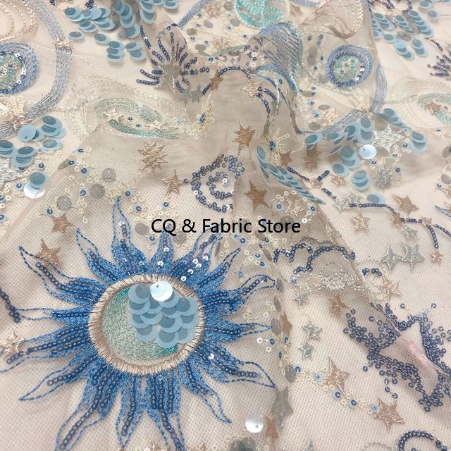 Tissu en dentelle à paillettes brodées en Tulle abricot, pour robes de soirée, nouveau tissu de styliste de 1 yard