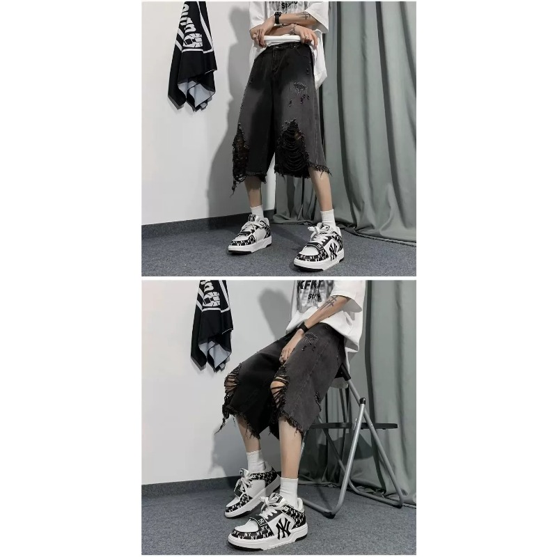 Jeans déchirés pour hommes, pantalon en denim, pantalon court, décontracté, été, vintage, streetwear, jambe large, élégant
