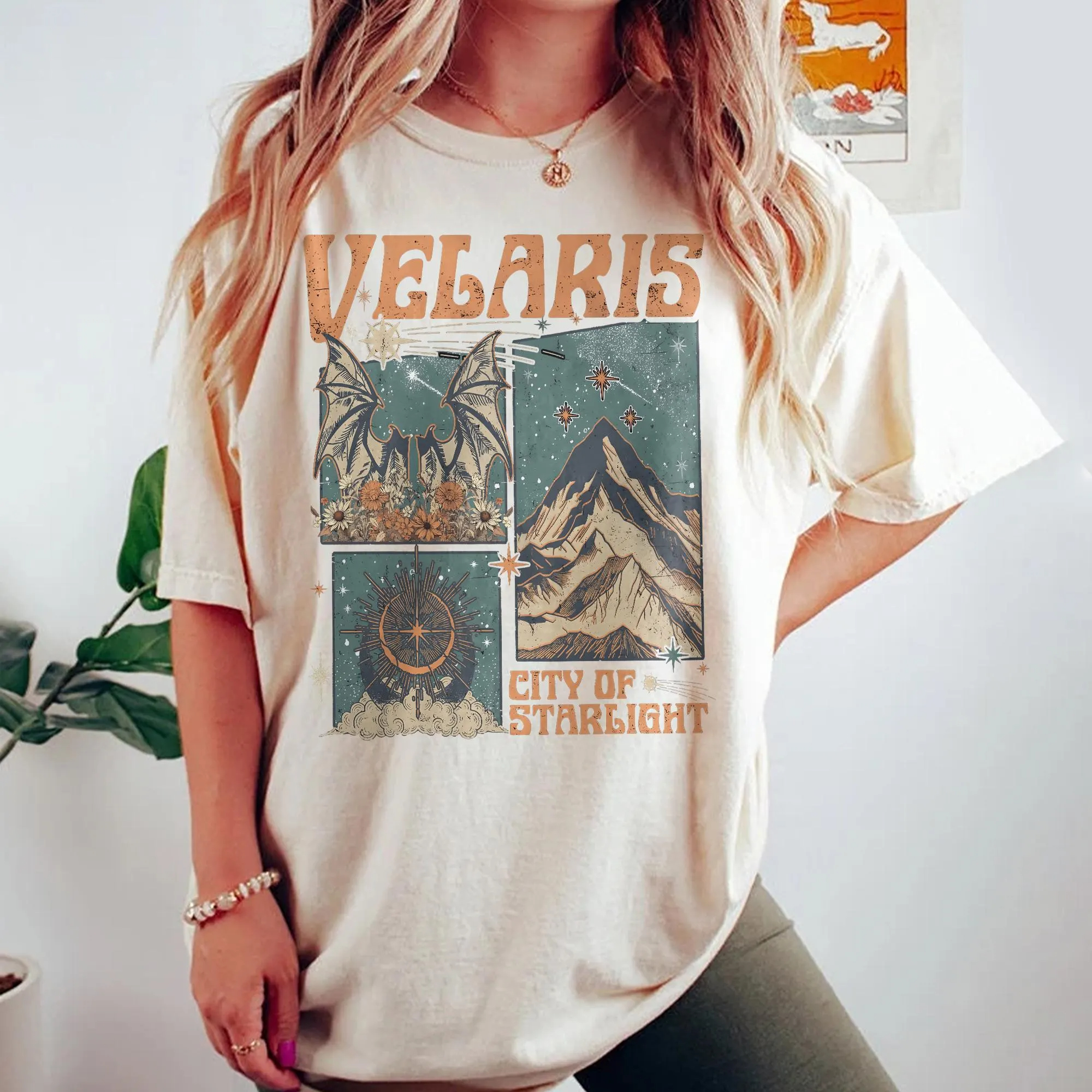 T-shirt Vintage Velaris PNG pour femmes, grande taille, été, City of Starlight, en coton respirant, élégant, polyvalent, style streetwear, surdimensionné
